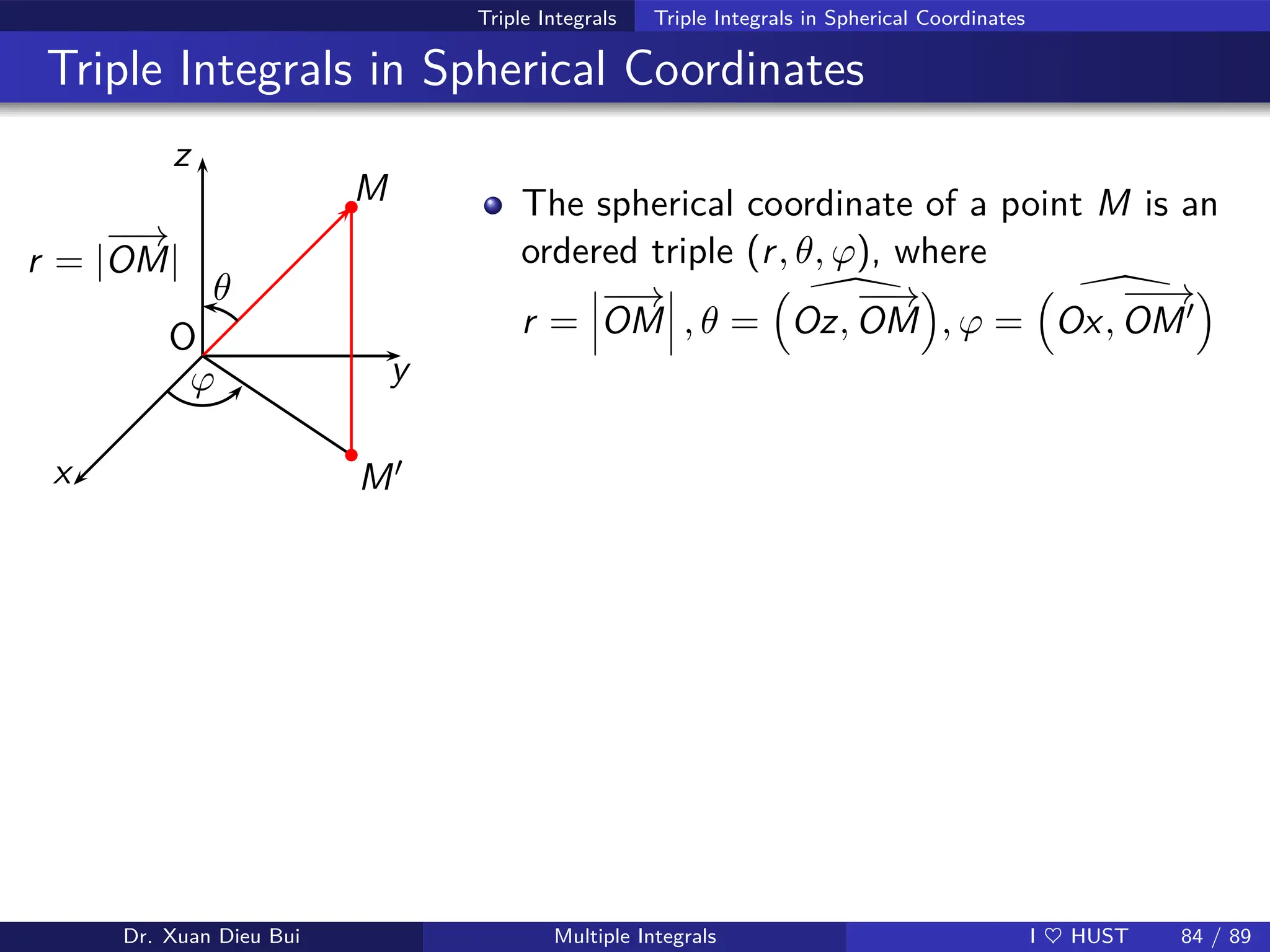 Triple Integrals Triple Integrals in Spherical Coordinates
Triple Integrals in Spherical Coordinates
z
y
x
O
M
M′
ϕ
θ
r = |
−
−
→
OM|
b
b
The spherical coordinate of a point M is an
ordered triple (r, θ, ϕ), where
r =
−
−
→
OM , θ =


Oz,
−
−
→
OM

, ϕ =


Ox,
−
−
→
OM′

Dr. Xuan Dieu Bui Multiple Integrals I ♥ HUST 84 / 89
 