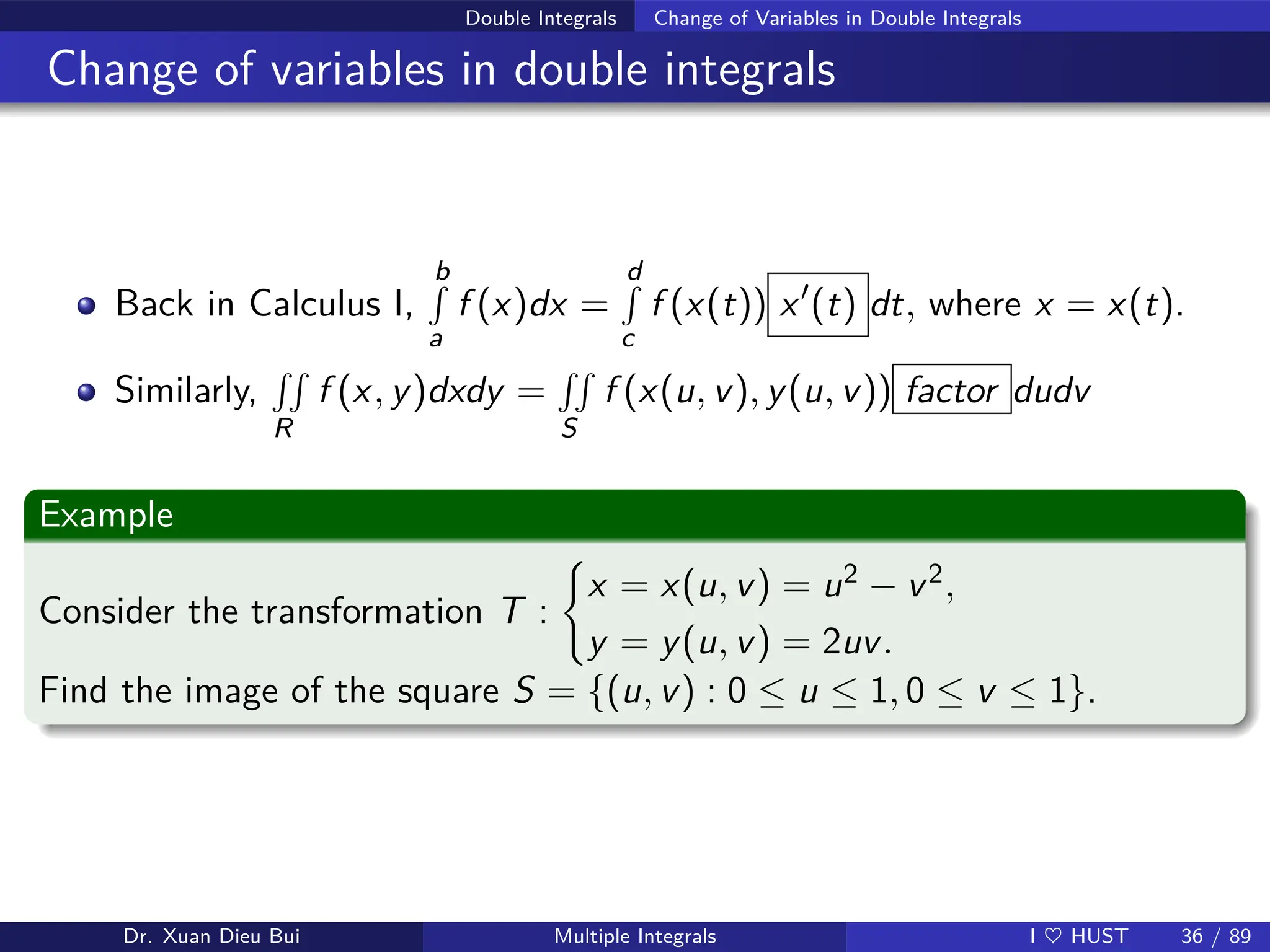 Double Integrals Change of Variables in Double Integrals
Change of variables in double integrals
Back in Calculus I,
b
R
a
f (x)dx =
d
R
c
f (x(t)) x′
(t) dt, where x = x(t).
Similarly,
RR
R
f (x, y)dxdy =
RR
S
f (x(u, v), y(u, v)) factor dudv
Example
Consider the transformation T :
(
x = x(u, v) = u2 − v2,
y = y(u, v) = 2uv.
Find the image of the square S = {(u, v) : 0 ≤ u ≤ 1, 0 ≤ v ≤ 1}.
Dr. Xuan Dieu Bui Multiple Integrals I ♥ HUST 36 / 89
 