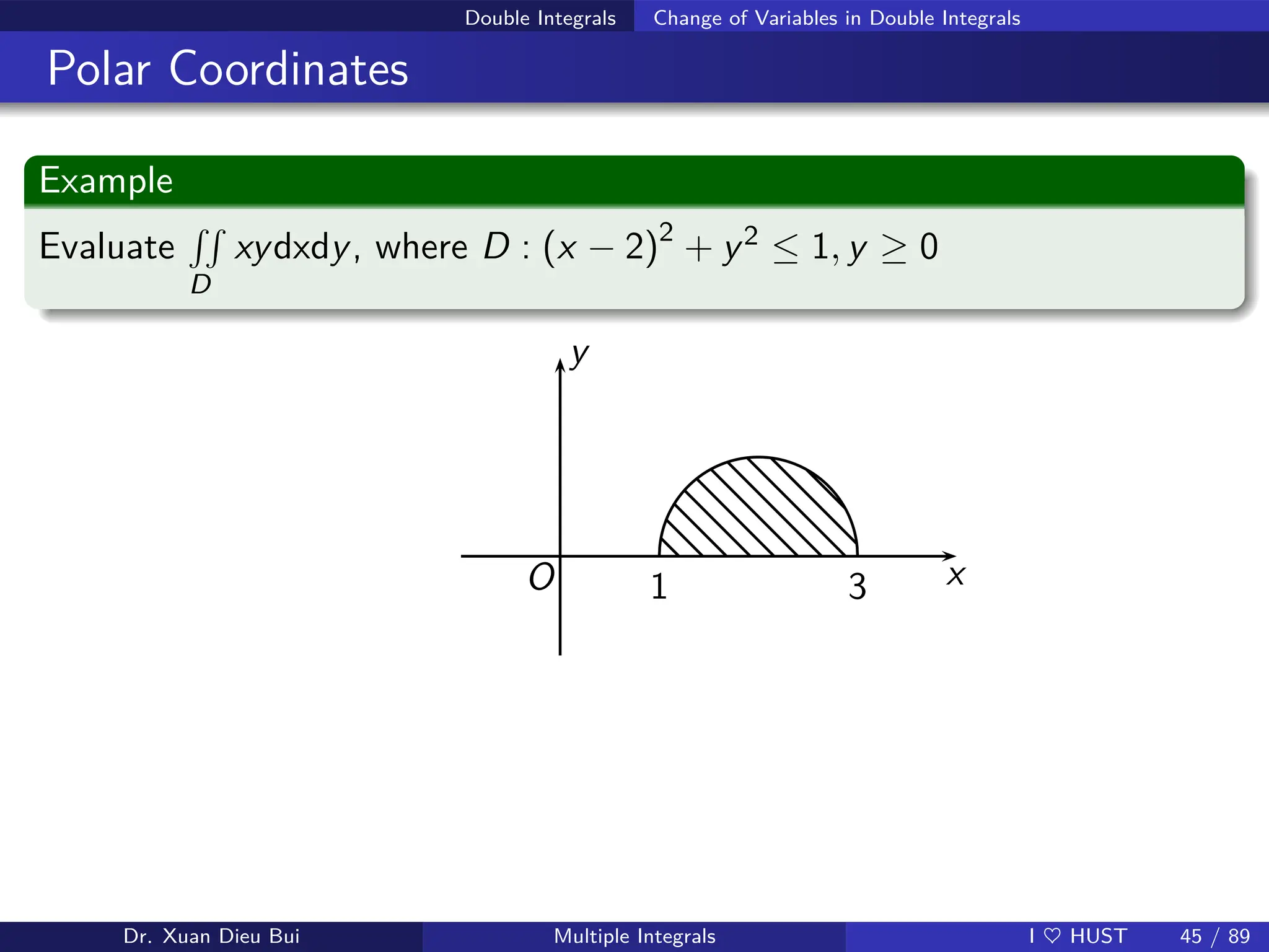 Double Integrals Change of Variables in Double Integrals
Polar Coordinates
Example
Evaluate
RR
D
xydxdy, where D : (x − 2)2
+ y2 ≤ 1, y ≥ 0
x
3
1
y
O
Dr. Xuan Dieu Bui Multiple Integrals I ♥ HUST 45 / 89
 