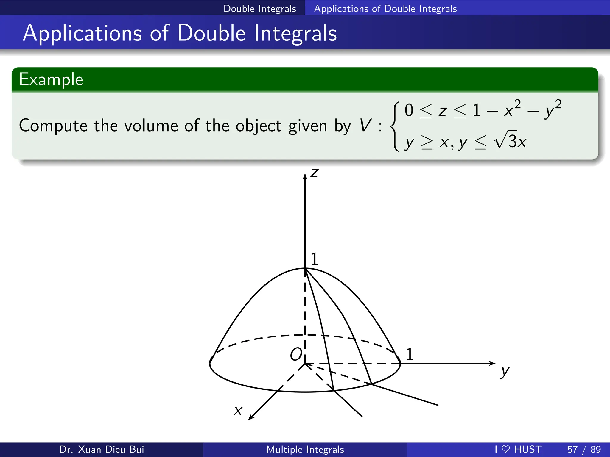 Double Integrals Applications of Double Integrals
Applications of Double Integrals
Example
Compute the volume of the object given by V :
(
0 ≤ z ≤ 1 − x2
− y2
y ≥ x, y ≤
√
3x
y
z
x
O 1
1
Dr. Xuan Dieu Bui Multiple Integrals I ♥ HUST 57 / 89
 