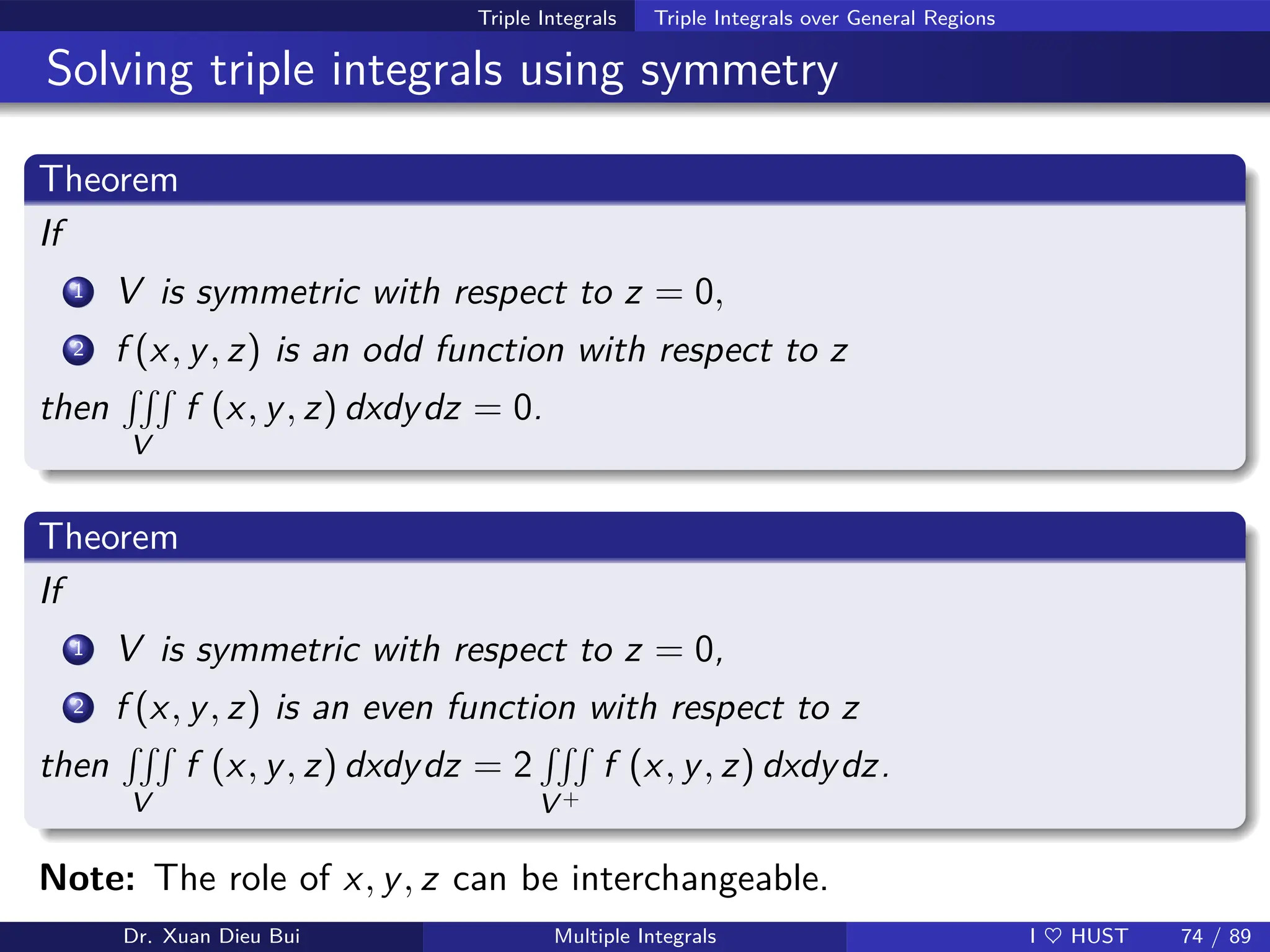 Triple Integrals Triple Integrals over General Regions
Solving triple integrals using symmetry
Theorem
If
1 V is symmetric with respect to z = 0,
2 f (x, y, z) is an odd function with respect to z
then
RRR
V
f (x, y, z) dxdydz = 0.
Theorem
If
1 V is symmetric with respect to z = 0,
2 f (x, y, z) is an even function with respect to z
then
RRR
V
f (x, y, z) dxdydz = 2
RRR
V +
f (x, y, z) dxdydz.
Note: The role of x, y, z can be interchangeable.
Dr. Xuan Dieu Bui Multiple Integrals I ♥ HUST 74 / 89
 