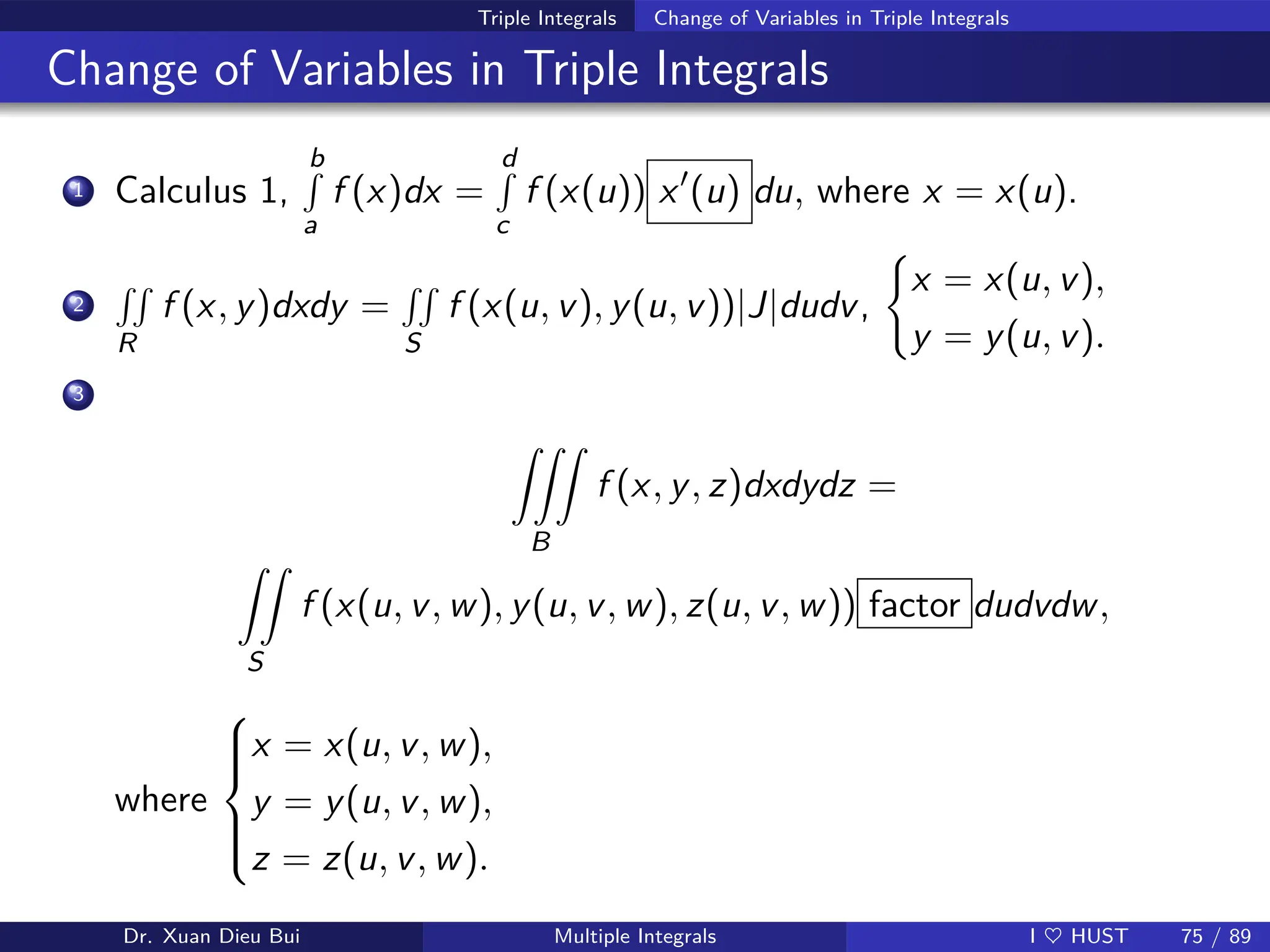 Triple Integrals Change of Variables in Triple Integrals
Change of Variables in Triple Integrals
1 Calculus 1,
b
R
a
f (x)dx =
d
R
c
f (x(u)) x′
(u) du, where x = x(u).
2
RR
R
f (x, y)dxdy =
RR
S
f (x(u, v), y(u, v))|J|dudv,
(
x = x(u, v),
y = y(u, v).
3
ZZZ
B
f (x, y, z)dxdydz =
ZZ
S
f (x(u, v, w), y(u, v, w), z(u, v, w)) factor dudvdw,
where







x = x(u, v, w),
y = y(u, v, w),
z = z(u, v, w).
Dr. Xuan Dieu Bui Multiple Integrals I ♥ HUST 75 / 89
 
