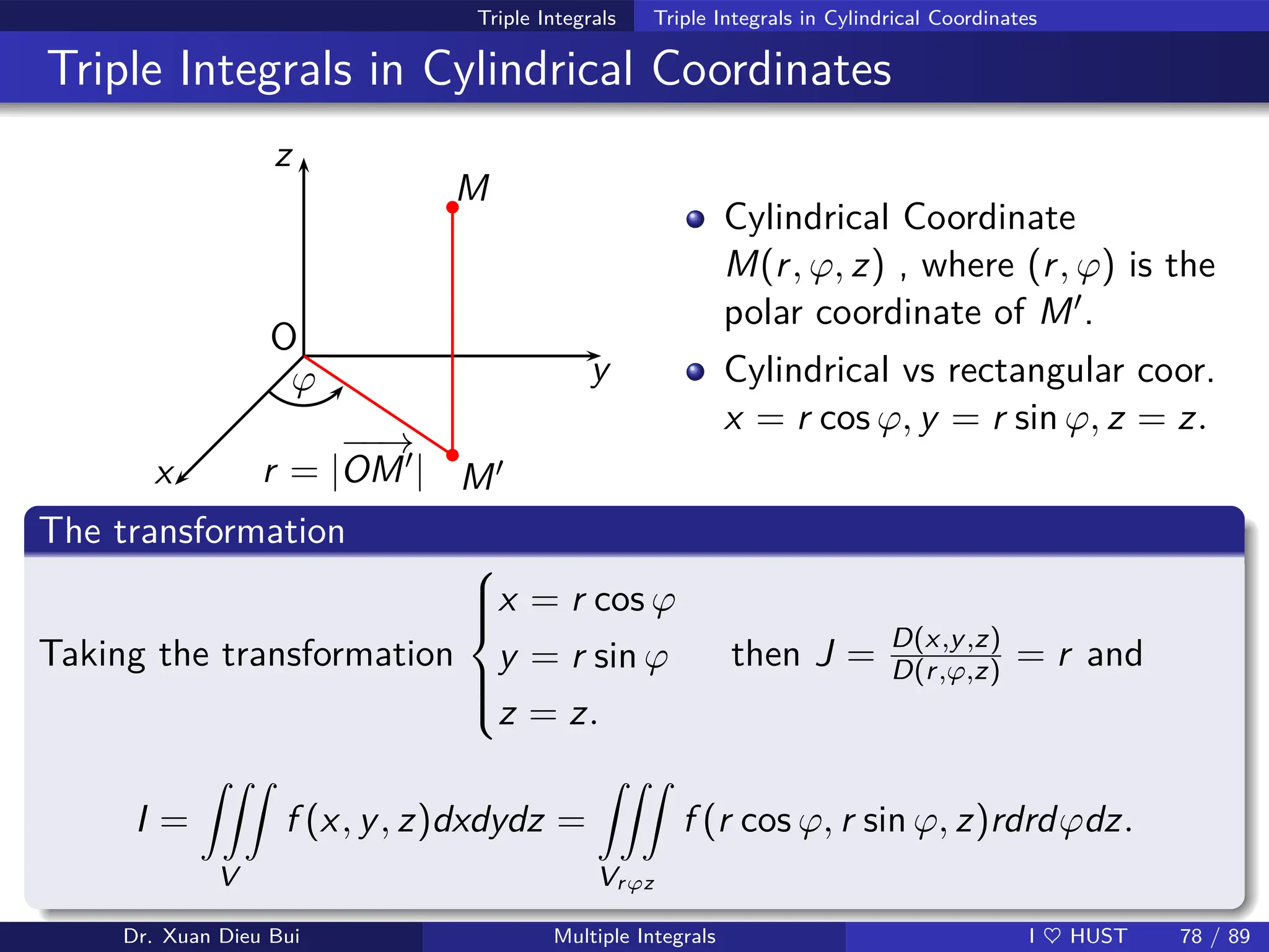 Triple Integrals Triple Integrals in Cylindrical Coordinates
Triple Integrals in Cylindrical Coordinates
z
y
x
O
M
M′
ϕ
r = |
−
−
→
OM′|
b
b
Cylindrical Coordinate
M(r, ϕ, z) , where (r, ϕ) is the
polar coordinate of M′.
Cylindrical vs rectangular coor.
x = r cos ϕ, y = r sin ϕ, z = z.
The transformation
Taking the transformation







x = r cos ϕ
y = r sin ϕ
z = z.
then J = D(x,y,z)
D(r,ϕ,z) = r and
I =
ZZZ
V
f (x, y, z)dxdydz =
ZZZ
Vrϕz
f (r cos ϕ, r sin ϕ, z)rdrdϕdz.
Dr. Xuan Dieu Bui Multiple Integrals I ♥ HUST 78 / 89
 