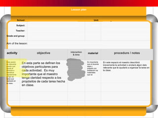 Lesson plan



               School:    ________________________________________                    Unit:     _______________________________________
                                                                                                _
               Subject:   ________________________________________                    Date:
                                                                                                _______________________________________
           Teacher:       ________________________________________                              _

Grade and group:          ________________________________________                              _______________________________________
                                                                                                _

Aim of the lesson:                                                                              _______________________________________
                                                                                                _

                                                            interaction
activity                        objective                     & time
                                                                               material                    procedure / notes

Esta sesión                                                Se considera        Es importante    En este espacio el maestro describirá
es relevante        En esta parte se definen los           necesario que el    que el docente
                                                                                                brevemente la actividad o anotará algún dato
puesto que
ayuda al
                    objetivos particulares para            docente sepa
                                                           qué duración
                                                                               sepa y
                                                                               prepare con      relevante que le ayudará a organizar la tarea en
docente a           cada actividad. Es muy                 tendrá cada         antelación los   la clase.
identificar                                                actividad y en      materiales
rápidamente         importante que el maestro              qué forma           que se
el tipo de                                                 interactuarán los   utilizarán en
tarea que           tenga claridad respecto a los          alumnos.            cada clase.
realizará en
la clase.
                    propósitos de cada tarea hecha
                    en clase.
 