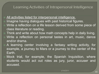 B-K IntelligenceLearn to play games that are popular in different cultures. Physically embody geometry formula/fractions. Create a living painting/sculpture of an idea or feeling. Students setup a mock court or legislative assembly in the classroom, organizing in necessary subgroups and moving about the room to transact business, initiate discussion, get signatures, etc. Students play the game Scissors, Rock, Paper to simulate the development of capitalism and the Marxist critique of that system.2/16/201128