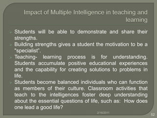 Learning Activities of Interpersonal Intelligence Writing from personal experience (journals), writing about another person, writing to a specific audience and presenting an issue in terms of its impact on a single person. Composing of notebooks, diaries, journals for personal reflection and coming to terms with other’s behaviours. A learning centre where children work together to read material and complete a worksheet or answer a group of questions. Jigs awing, STADS, cooperative learning, group investigation, numbered heads, etc. Joint story telling with a partner. Conduct interviews with people from different cultures. 2/16/201135