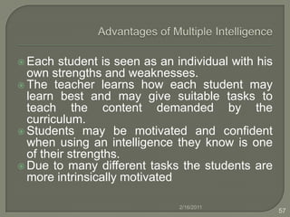 Learning Activities of Intrapersonal Intelligence All activities listed for interpersonal intelligence. Imagine having dialogues with past historical figures. Write a reflection on a life lesson derived from some piece of class literature or reading.  Think and write about how math concepts help in daily living. Write a reflection on personal tastes in art, music, dance and/or drama. A learning center involving a fantasy writing activity, for example, a journey to Mars or a journey to the center of the Earth. Mock trial, for example, the Spanish Inquisition, where students would act out roles as jury, juror, accuser and accused. 2/16/201140