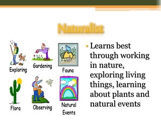 Naturalist
• Learns best
through working
in nature,
exploring living
things, learning
about plants and
natural events
 