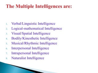 1. Verbal/Linguistic Intelligence
2. Logical-mathematical Intelligence
3. Visual/Spatial Intelligence
4. Bodily/Kinesthetic Intelligence
5. Musical/Rhythmic Intelligence
6. Interpersonal Intelligence
7. Intrapersonal Intelligence
8. Naturalist Intelligence
 