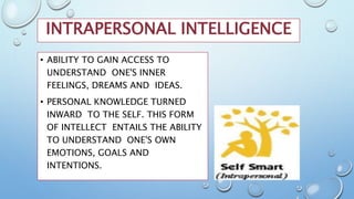 INTRAPERSONAL INTELLIGENCE
• ABILITY TO GAIN ACCESS TO
UNDERSTAND ONE'S INNER
FEELINGS, DREAMS AND IDEAS.
• PERSONAL KNOWLEDGE TURNED
INWARD TO THE SELF. THIS FORM
OF INTELLECT ENTAILS THE ABILITY
TO UNDERSTAND ONE'S OWN
EMOTIONS, GOALS AND
INTENTIONS.
 