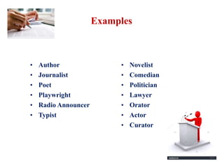Examples
• Author
• Journalist
• Poet
• Playwright
• Radio Announcer
• Typist
• Novelist
• Comedian
• Politician
• Lawyer
• Orator
• Actor
• Curator
 