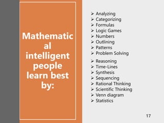 Mathematic
al
intelligent
people
learn best
by:
 Analyzing
 Categorizing
 Formulas
 Logic Games
 Numbers
 Outlining
 Patterns
 Problem Solving
 Reasoning
 Time-Lines
 Synthesis
 Sequencing
 Rational Thinking
 Scientific Thinking
 Venn diagram
 Statistics
17
 
