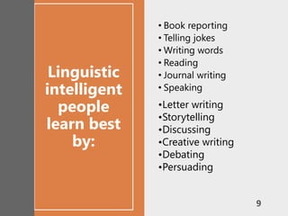 Linguistic
intelligent
people
learn best
by:
• Book reporting
• Telling jokes
• Writing words
• Reading
• Journal writing
• Speaking
•Letter writing
•Storytelling
•Discussing
•Creative writing
•Debating
•Persuading
9
 