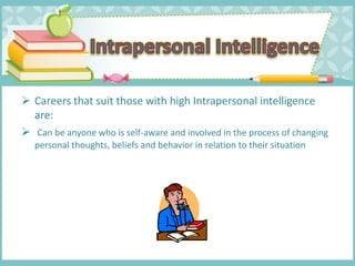  Careers that suit those with high Intrapersonal intelligence
are:
 Can be anyone who is self-aware and involved in the process of changing
personal thoughts, beliefs and behavior in relation to their situation
 