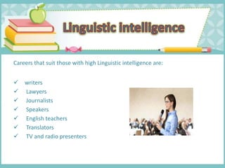 Careers that suit those with high Linguistic intelligence are:
 writers
 Lawyers
 Journalists
 Speakers
 English teachers
 Translators
 TV and radio presenters
 