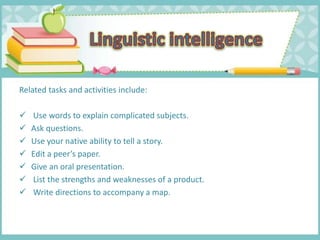 Related tasks and activities include:
 Use words to explain complicated subjects.
 Ask questions.
 Use your native ability to tell a story.
 Edit a peer’s paper.
 Give an oral presentation.
 List the strengths and weaknesses of a product.
 Write directions to accompany a map.
 