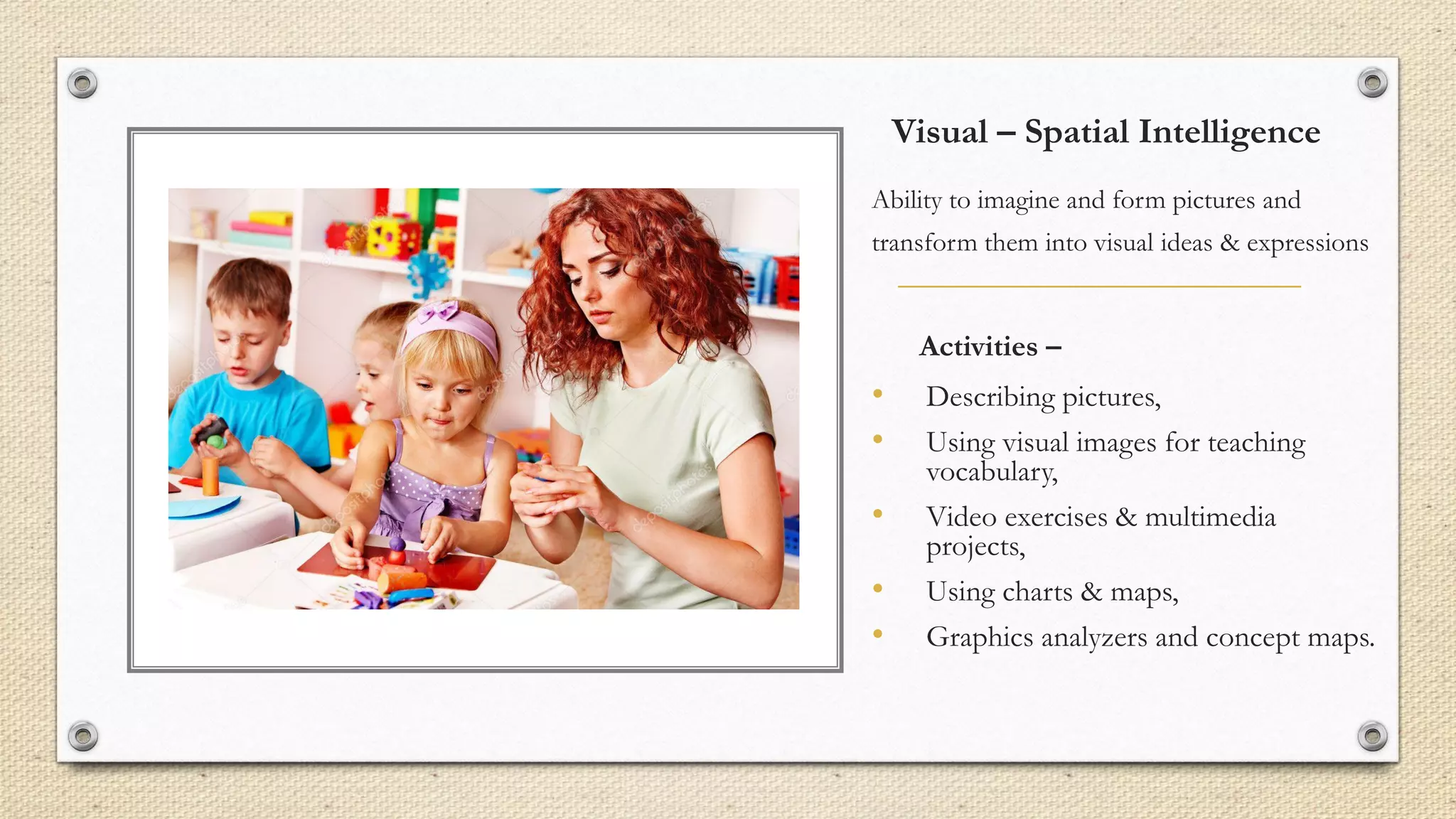 Visual – Spatial Intelligence
Ability to imagine and form pictures and
transform them into visual ideas & expressions
Activities –
• Describing pictures,
• Using visual images for teaching
vocabulary,
• Video exercises & multimedia
projects,
• Using charts & maps,
• Graphics analyzers and concept maps.
 