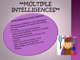 **Múltiple intelligences**INTRAPERSONALINTELLIGENCE.Interpersonal intelligenceis theknowledgeof the internal aspectsof apersonwith feelings, emotions.It isan inventionthatallindividuals constructforthemselves.Allowsustounderstand ourneeds andbetter understandcharacteristicsandworkwith yourself.Capacitiesmustbeinvolved,toset goals,assess skillsandpersonal disadvantages, andcontrolone's own thinking.