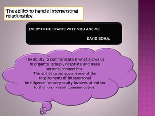 The abilityto handleinterpersonal    relationships.EVERYTHING STARTS WITHYOU ANDMEDAVIDBOHM.Theabilitytocommunicate iswhat allows us toorganize  groups,negotiateandmake personal connections.Theabilityto setgoalsisone ofthe requirementsof intrapersonal intelligence,sensory acuityinvolves attention tothe non-verbalcommunication.