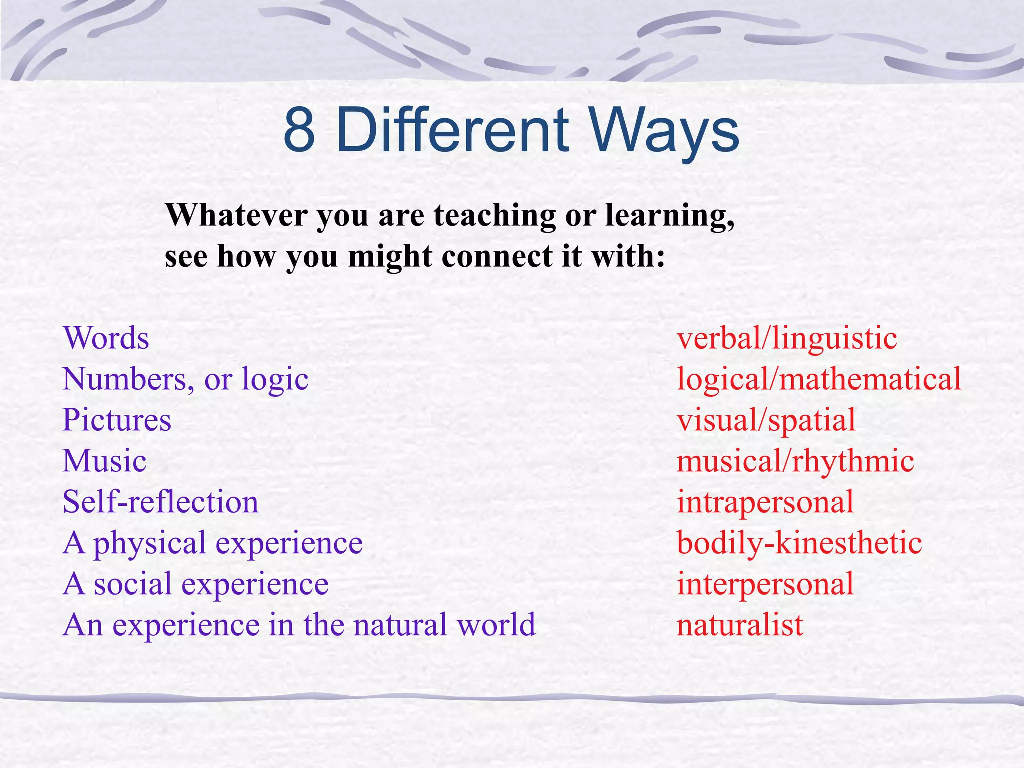 8 Different Ways 
Whatever you are teaching or learning, 
see how you might connect it with: 
Words verbal/linguistic 
Numbers, or logic logical/mathematical 
Pictures visual/spatial 
Music musical/rhythmic 
Self-reflection intrapersonal 
A physical experience bodily-kinesthetic 
A social experience interpersonal 
An experience in the natural world naturalist 
 