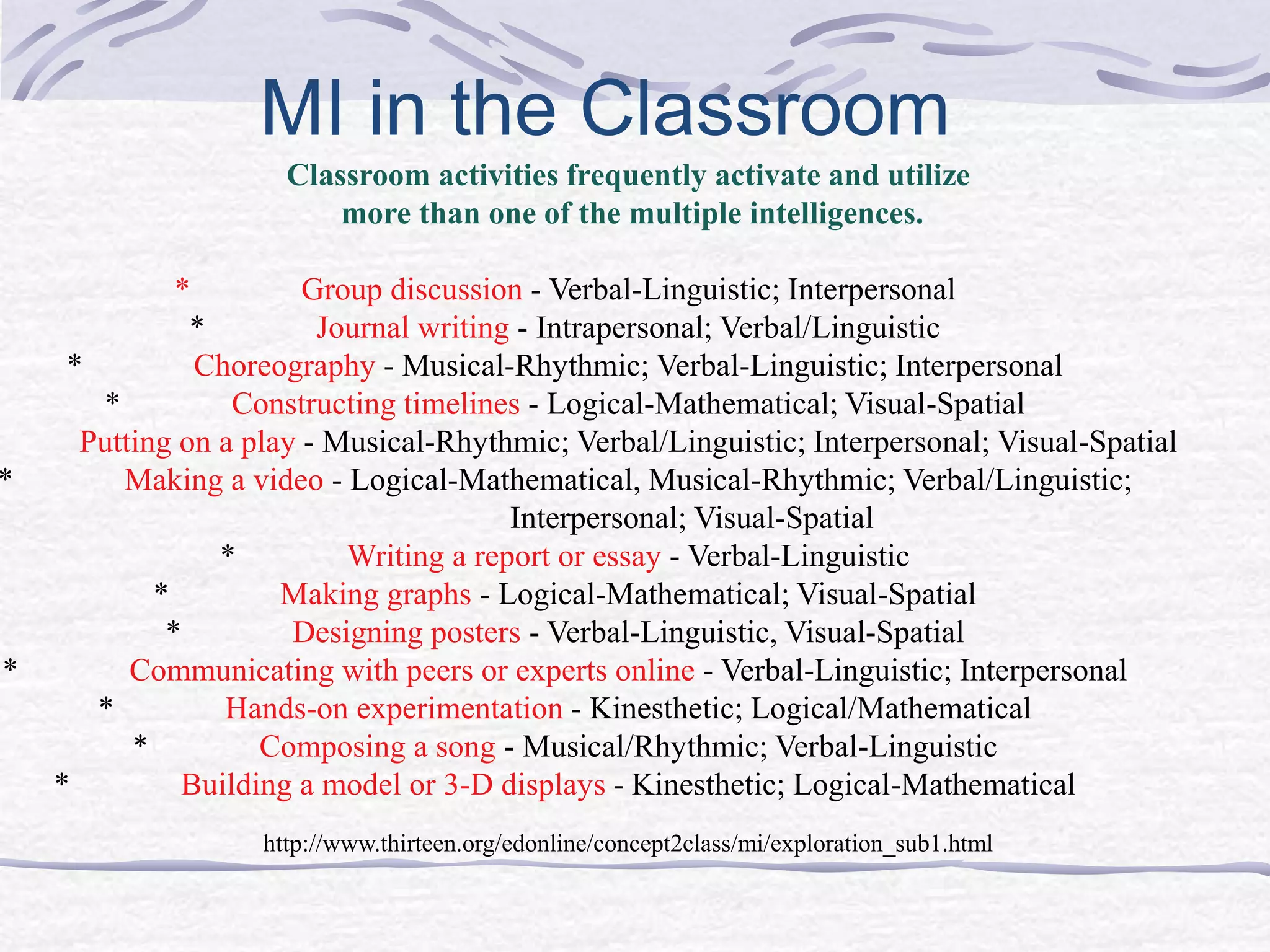 MI in the Classroom 
Classroom activities frequently activate and utilize 
more than one of the multiple intelligences. 
* Group discussion - Verbal-Linguistic; Interpersonal 
* Journal writing - Intrapersonal; Verbal/Linguistic 
* Choreography - Musical-Rhythmic; Verbal-Linguistic; Interpersonal 
* Constructing timelines - Logical-Mathematical; Visual-Spatial 
Putting on a play - Musical-Rhythmic; Verbal/Linguistic; Interpersonal; Visual-Spatial 
* Making a video - Logical-Mathematical, Musical-Rhythmic; Verbal/Linguistic; 
Interpersonal; Visual-Spatial 
* Writing a report or essay - Verbal-Linguistic 
* Making graphs - Logical-Mathematical; Visual-Spatial 
* Designing posters - Verbal-Linguistic, Visual-Spatial 
* Communicating with peers or experts online - Verbal-Linguistic; Interpersonal 
* Hands-on experimentation - Kinesthetic; Logical/Mathematical 
* Composing a song - Musical/Rhythmic; Verbal-Linguistic 
* Building a model or 3-D displays - Kinesthetic; Logical-Mathematical 
http://www.thirteen.org/edonline/concept2class/mi/exploration_sub1.html 
 