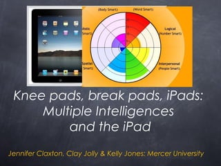 Knee pads, break pads, iPads:
Multiple Intelligences
and the iPad
Jennifer Claxton, Clay Jolly & Kelly Jones: Mercer University
 