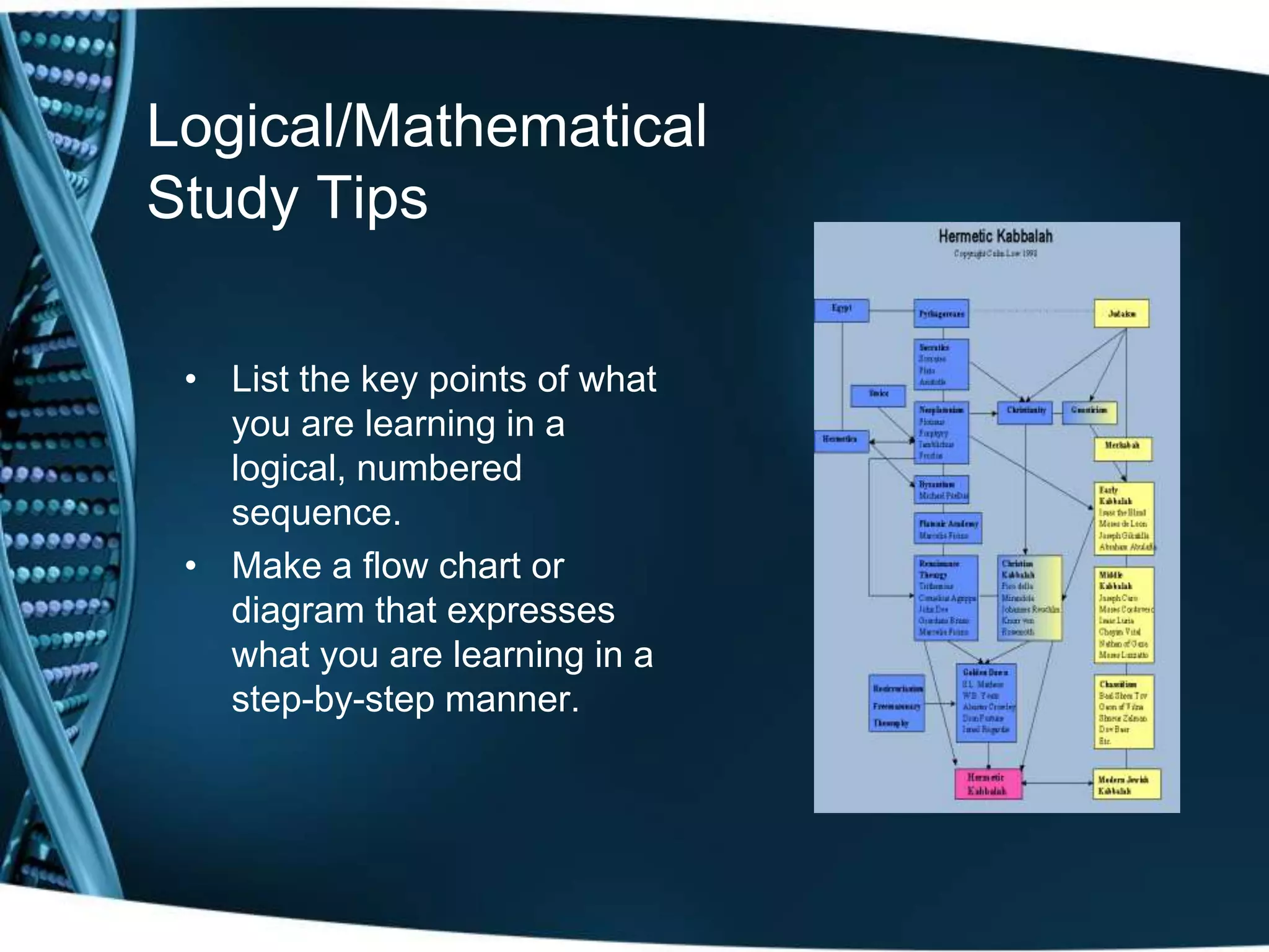Logical/Mathematical
Study Tips

 • List the key points of what
   you are learning in a
   logical, numbered
   sequence.
 • Make a flow chart or
   diagram that expresses
   what you are learning in a
   step-by-step manner.
 