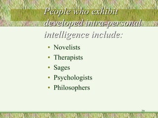 29
People who exhibit
developed intra-personal
intelligence include:
• Novelists
• Therapists
• Sages
• Psychologists
• Philosophers
 