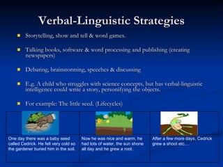 Verbal-Linguistic Strategies Storytelling, show and tell & word games. Talking books, software & word processing and publishing (creating newspapers) Debating, brainstorming, speeches & discussing E.g. A child who struggles with science concepts, but has verbal-linguistic intelligence could write a story, personifying the objects.  For example: The little seed. (Lifecycles) One day there was a baby seed called Cedrick. He felt very cold so the gardener buried him in the soil.  Now he was nice and warm, he had lots of water, the sun shone all day and he grew a root.  After a few more days, Cedrick grew a shoot etc… 