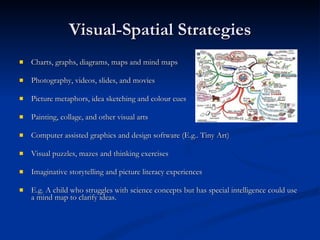 Visual-Spatial Strategies Charts, graphs, diagrams, maps and mind maps Photography, videos, slides, and movies Picture metaphors, idea sketching and colour cues Painting, collage, and other visual arts Computer assisted graphics and design software (E.g.. Tiny Art) Visual puzzles, mazes and thinking exercises Imaginative storytelling and picture literacy experiences E.g. A child who struggles with science concepts but has special intelligence could use a mind map to clarify ideas. 