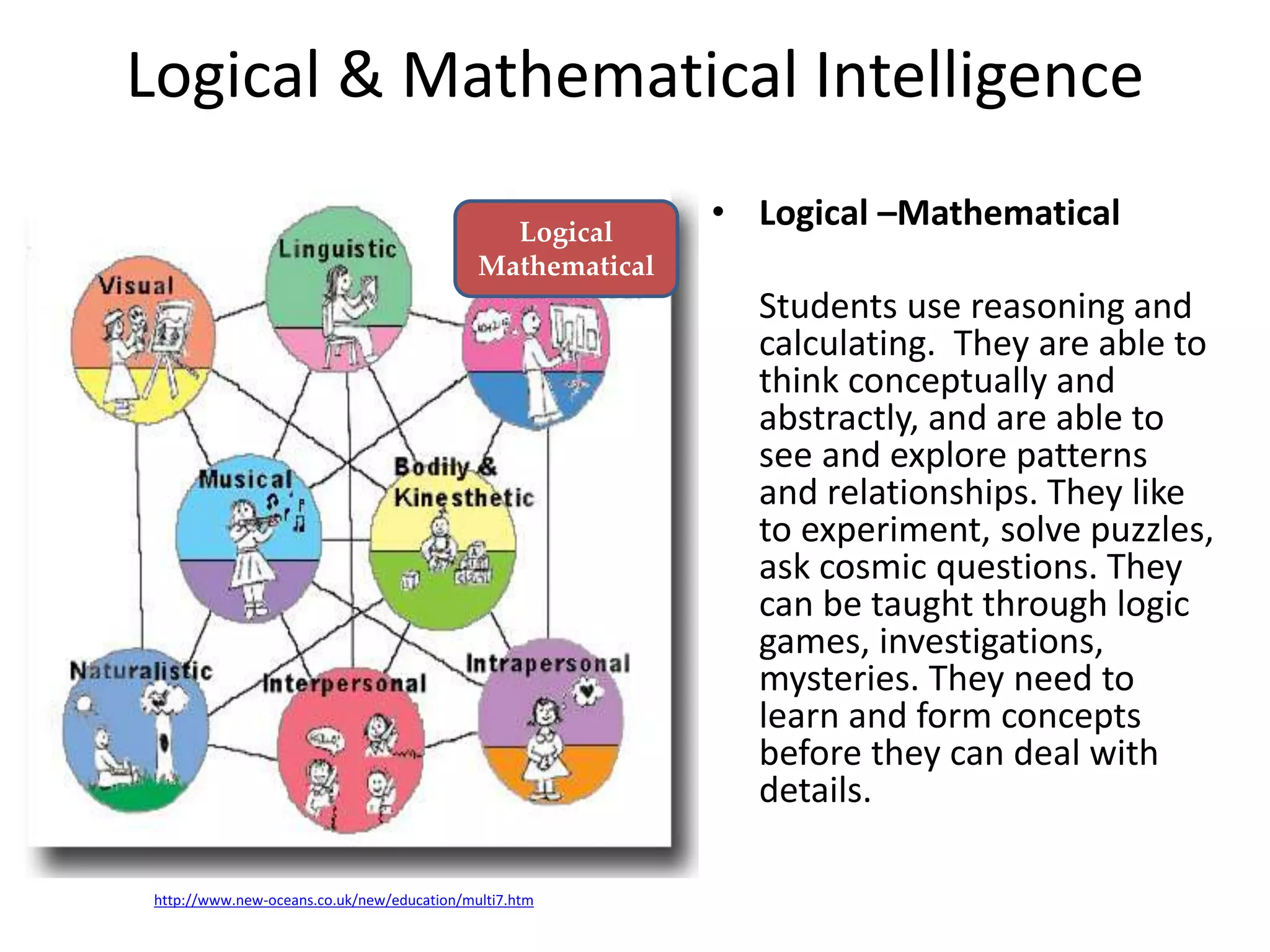 Logical & Mathematical Intelligence
• Logical –Mathematical
Students use reasoning and
calculating. They are able to
think conceptually and
abstractly, and are able to
see and explore patterns
and relationships. They like
to experiment, solve puzzles,
ask cosmic questions. They
can be taught through logic
games, investigations,
mysteries. They need to
learn and form concepts
before they can deal with
details.
http://www.new-oceans.co.uk/new/education/multi7.htm
Logical
Mathematical
 