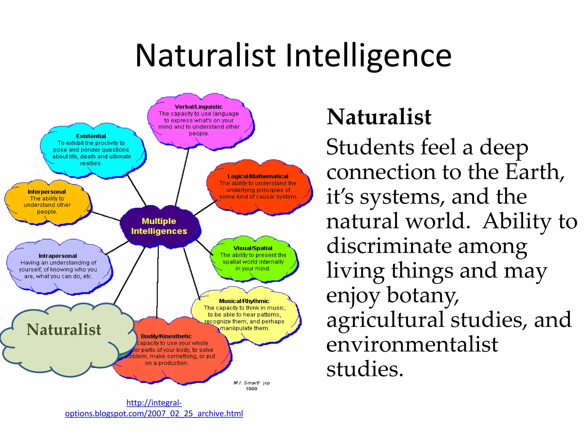 http://integral-
options.blogspot.com/2007_02_25_archive.html
• Naturalist
Students feel a deep
connection to the Earth,
it’s systems, and the
natural world. Ability to
discriminate among
living things and may
enjoy botany,
agricultural studies, and
environmentalist
studies.
Naturalist Intelligence
Naturalist
 