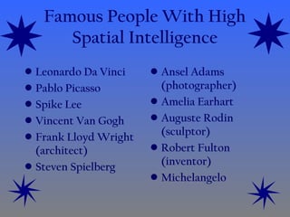 Famous People With High
Spatial Intelligence
• Leonardo Da Vinci
• Pablo Picasso
• Spike Lee
• Vincent Van Gogh
• Frank Lloyd Wright
(architect)
• Steven Spielberg
• Ansel Adams
(photographer)
• Amelia Earhart
• Auguste Rodin
(sculptor)
• Robert Fulton
(inventor)
• Michelangelo
 