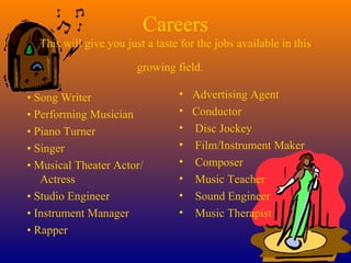 Careers
This will give you just a taste for the jobs available in this
growing field.
• Advertising Agent
• Conductor
• Disc Jockey
• Film/Instrument Maker
• Composer
• Music Teacher
• Sound Engineer
• Music Therapist
• Song Writer
• Performing Musician
• Piano Turner
• Singer
• Musical Theater Actor/
Actress
• Studio Engineer
• Instrument Manager
• Rapper
 