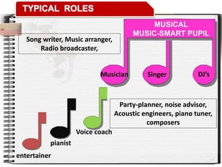 MUSICAL
MUSIC-SMART PUPIL
Musician Singer DJ’s
entertainer
pianist
Voice coach
Party-planner, noise advisor,
Acoustic engineers, piano tuner,
composers
Song writer, Music arranger,
Radio broadcaster,
 
