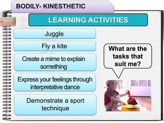 BODILY- KINESTHETIC
LEARNING ACTIVITIES
Juggle
Demonstrate a sport
technique
Create a mime to explain
something
What are the
tasks that
suit me?
Express your feelings through
interpretative dance
Fly a kite
 