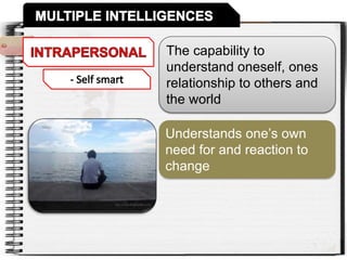 The capability to
understand oneself, ones
relationship to others and
the world
Understands one’s own
need for and reaction to
change
 