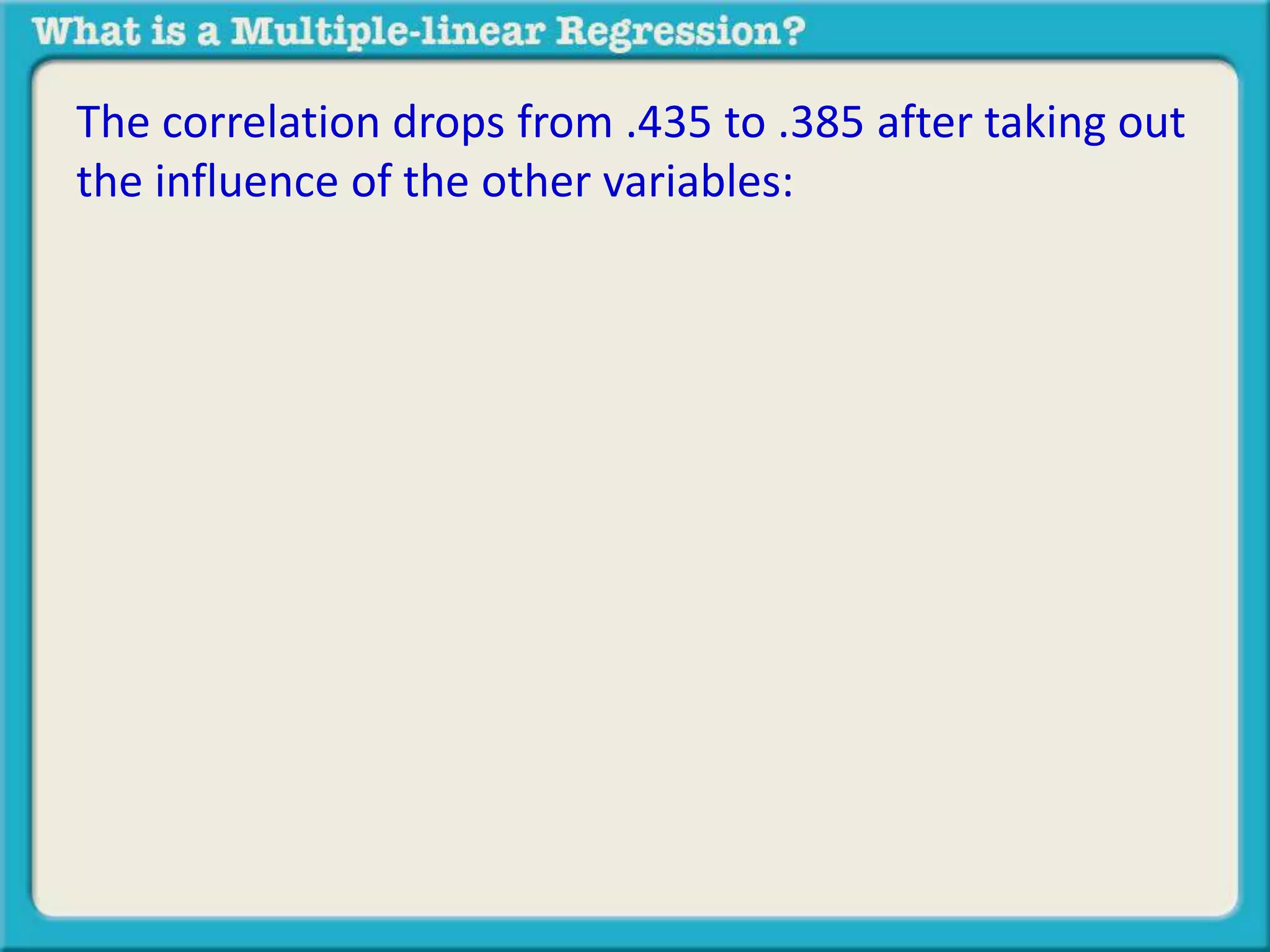 The correlation drops from .435 to .385 after taking out 
the influence of the other variables: 
 