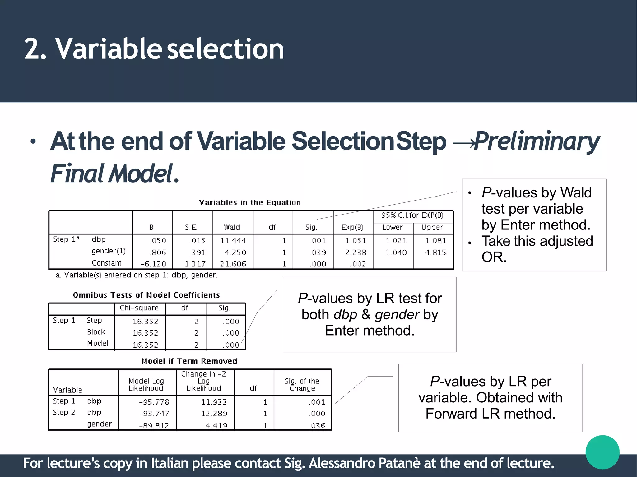 2. Variableselection
● Atthe end of Variable SelectionStep →Preliminary
FinalModel.
P-values by LR per
variable. Obtained with
Forward LR method.
●
●
P-values by Wald
test per variable
by Enter method.
Take this adjusted
OR.
P-values by LR test for
both dbp & gender by
Enter method.
For lecture’s copy in Italian please contact Sig.Alessandro Patanè at the end of lecture.
 