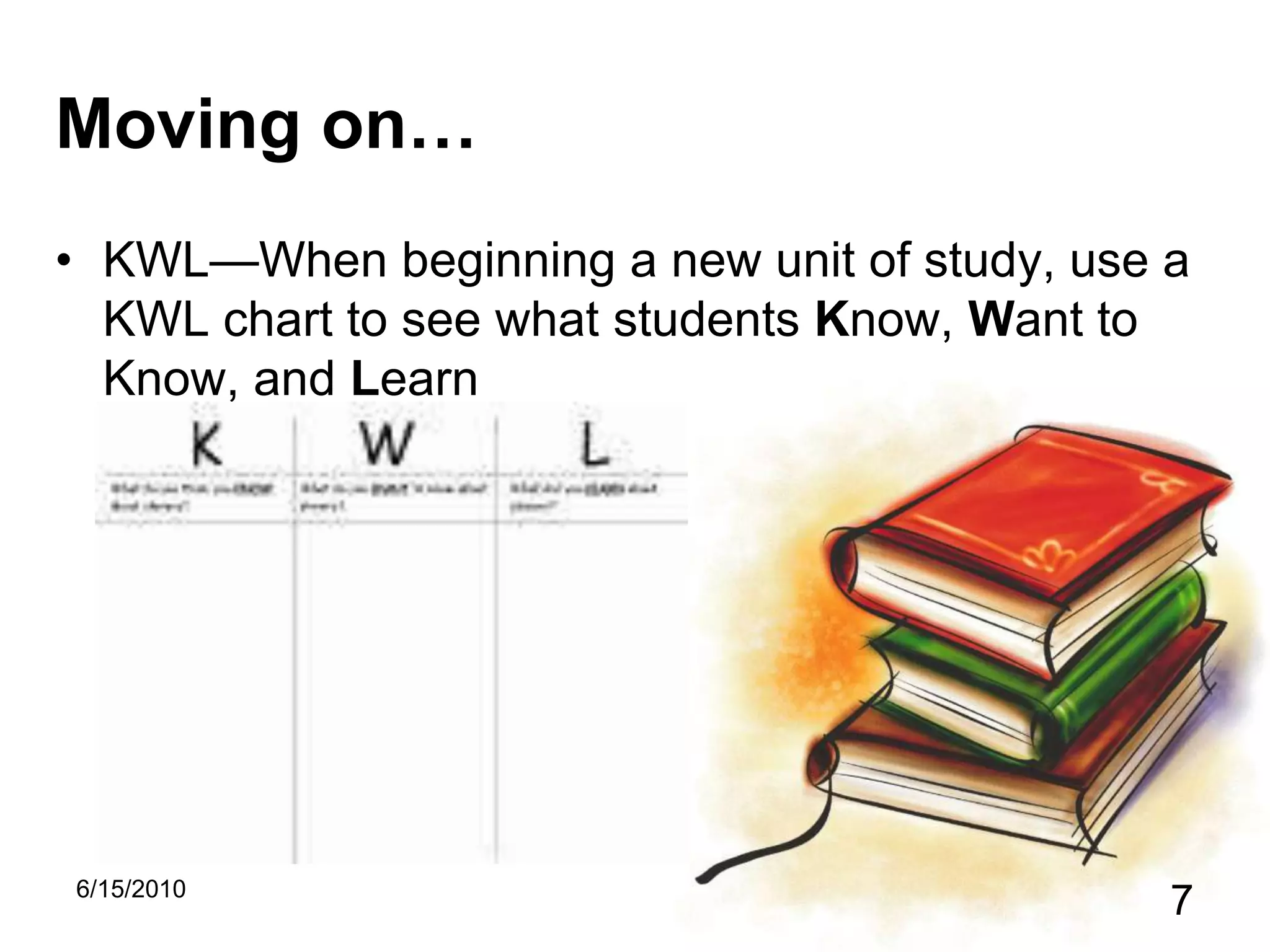 Moving on…KWL—When beginning a new unit of study, use a KWL chart to see what students Know, Want to Know, and Learn5/15/20107