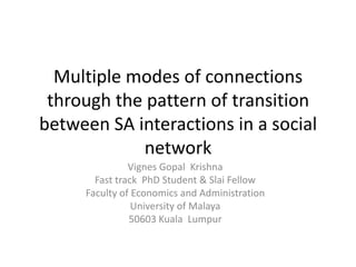 Multiple modes of connections
through the pattern of transition
between SA interactions in a social
network
Vignes Gopal Krishna
Fast track PhD Student & Slai Fellow
Faculty of Economics and Administration
University of Malaya
50603 Kuala Lumpur
 