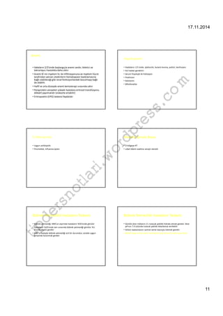 17.11.2014 
11 
Anemi 
• Vakaların 2/3’sinde başlangıçta anemi vardır, ileletici ve 
tekrarlayıcı hastalıkta daha sıktır 
• Anemi Kİ nin myelom hc ile infiltrasyonuna ve myelom hücre 
tarafından salınan sitokinlerin hematopoezi baskılamasına 
bağlı olabileceği gibi renal fonksiyonlardaki bozulmaya bağlı 
da olabilir. 
• Hafif ve orta düzeyde anemi kemoterapi sırasında sıktır 
• Paraprotein seviyeleri yüksek hastalara eritrosit transfüzyonu 
dikkatli yapılmalıdır (viskozite artabilir) 
• Eritropoetin (EPO) tedavisi faydalıdır 
Hiperkalsemi 
• Hastaların 1/3 ünde, iştahsızlık, bulantı kusma, poliüri, konfuzyon. 
• Acil tedavi gerektirir 
• Serum fizyolojik ile hidrasyon 
• Prednizon 
• Kalsitonin 
• Bifosfonatlar 
com 
wordpress.Enfeksiyonlar 
Medulla Spinalis Basısı 
• Uygun antibiyotik 
• O bölgeye RT 
• Pnomokok, influenza aşıları 
• Lokal ödemi azaltma amaçlı steroid 
tipdersnotlari.Böbrek Yetmezlikli Hastaların Tedavisi 
Böbrek Yetmezlikli Hastaların Tedavisi 
• Böbrek yetmezliği, MM’un seyrinde hastaların %50’sinde görülür 
• Günlük idrar miktarını 3 L tutacak şekilde hidrate etmek gerekir. İdrar 
• Hastaların %20’sinde tanı sırasında böbrek yetmezliği görülür. %1- 
pH’sını 7.0 üstünde tutacak şekilde bikarbonat verilebilir 
3’ünde diyaliz gerekir 
• Volüm replasmanını santral venöz basınçla izlemek gerekir. 
• MM’lu hastada böbrek yetmezliği acil bir durumdur, süratle uygun 
• NSAID başta olmak üzere nefrotoksik ilaç kullanımından kaçınılmalı 
girişimde bulunmak gerekir 
 