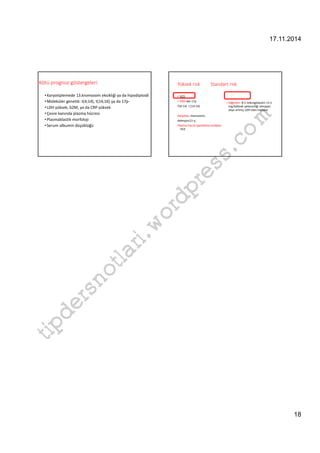 17.11.2014 
18 
Kötü prognoz göstergeleri 
• Karyotiplemede 13.kromozom eksikliği ya da hipodiploidi 
•Moleküler genetik: t(4;14), t(14;16) ya da 17p- 
• LDH yüksek, b2M, ya da CRP yüksek 
• Çevre kanında plazma hücresi 
• Plasmablastik morfoloji 
• Serum albumin düşüklüğü 
Yüksek risk Standart risk 
• %25 
• FISH del 17p 
T(4:14) t (14:16) 
Karyotip: monozomi, 
delesyon13 q 
com 
Plazma hücre işaretleme endeksi 
%3 
wordpress.tipdersnotlari. %75 
• Diğerleri: B 2 mikroglobulin 5.5 
mg/böbrek yetersizliği olmayan 
veya artmış LDH olan hastalar 
