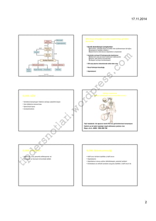 17.11.2014 
2 
com 
Figure 83-05 
Copyright © 2005 Elsevier Inc. (USA) All rights reserved. 
wordpress.tipdersnotlari.MM olup olmadığının acilen araştırılması gereken 
durumlar 
• Kemik destrüksiyon semptomları 
Persistant, yükseklik kaybı ile birlikte olan açıklanamayan bel ağrısı 
Osteoporoz (özellikle erkekler ) 
Spinal kord ve kök basısını düşündüren semptomlar 
• İmmünite ve/veya KI fonksiyonunda baskılanma 
Rekürrent veya persistant bakteriyel enfeksiyonlar 
Anemi, tipik olarak normokromik 
Lökopeni ve/veya trombositopeni 
• ESR veya plazma viskositesinde sebat eden artış 
• Renal fonksiyon bozukluğu 
• Hiperkalsemi 
KLİNİK: AĞRI 
• Vertebral kompresyon fraktürü ve/veya osteolitik lezyon 
• Sinir köklerine tümoral bası 
• Spinal kord basısı 
• Amiloid birikimi 
Multipl miyelomda 
kafatası, vertebralar ve uzun kemikler tutulur. 
* 
Yaşlı hastalarda bel ağrısının kemik RG’ince görüntülenmesi kompresyon 
fraktürü ya da habis hastalığın tespit edilmesine yardımcı olur. 
Deyo, et al. JAMA. 1992;260:760 
KLİNİK: Enfeksiyon 
• Bakteriyal, viral, parazitik enfeksiyonlar sık 
• Humaoral ve hücresel immunitede defekt 
KLİNİK: Böbrek yetmezliği 
• Hafif zincir birikimi özellikle k hafif zinciri 
• Hiperkalsemi 
• Hiperkalsiuri sonucu poliuri dehidratasyon, prerenal azotemi 
• Amiloidosis ve nefrotik sendrom oluşumu özellikle l hafif zinciri ile 
 