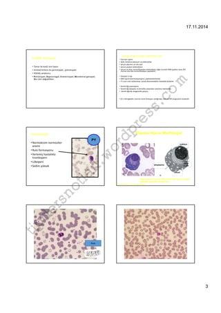 17.11.2014 
3 
KLİNİK: Nöropati 
• Tümor ile kord/ sinir basısı 
• Amiloid birikimi ile perinöropati , polinöropati 
• POEMS sendromu 
• Polinöropati, Organomegali, Endokrinopati, Monoklonal gamapati, 
Skin Deri değişiklikleri 
Hangi Araştırmalar Yapılmalı Lab: 
• Tam kan sayımı 
• BUN, kreatinin,kalsiyum ve elektrolitler 
• Serum albumin ve ürik asid 
• Serum protein elektroforezi 
• Serum ve idrar immünfiksasyon elektroforezi (eğer kuvvetli MM şüphesi varsa SPE 
normal olsa bile immünfiksasyon yapılabilir) 
• Standart X-ray 
• MRI (spinal kord kompresyonu şüphelenilenlerde) 
• CT scan rutin kullanılmaz, ancak ekstramedüller hastalıkta kullanılır 
• Kemik iliği aspirasyonu 
com 
• Kemik iliği biyopsisi ve klonalite çalışmaları (seçilmiş hastalarda) 
• Kemik iliğinde sitogenetik çalışma 
wordpress.• β-2 mikrogloblin (normal renal fonksiyon varlığında), LDH ve CRP prognostik markerdir 
Hematolojik 
Plazma Hücre Morfolojisi 
PY 
•Normokrom normositer 
nukleus 
anemi 
•Rulo formasyonu 
tipdersnotlari.• İlerlemiş hastalıkta 
trombopeni 
• Lökopeni 
Golgi 
• Sedim yüksek 
sitoplazma 
cismi 
vakuol 
Olgun plazma hücresi:Yoğun kromatin yapısı, köşede 
çekirdek, çekirdek çevresi halo 
Carr and Rodak: Clin Hematol Atlası 
Rulo 
 