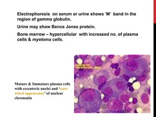 Electrophoresis on serum or urine shows ‘M’ band in the
region of gamma globulin.
Urine may show Bence Jones protein.
Bone...