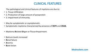 CLINICAL FEATURES
The pathological and clinical features of myeloma are due to:
• 1. Tissue infiltration
• 2. Production of large amount of paraprotein
• 3. Impairment of immunity.
• May be symptomatic or asymptomatic.
• Symptomatic myeloma characterized by presence of ROTI and CRAB.
• Myeloma Related Organ or Tissue Impairment.
• Calcium levels increased
• Renal failure
• Anemia
• Bone lesion
Medrockets.com
 