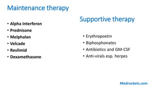 Maintenance therapy
• Alpha Interferon
• Prednisone
• Melphalan
• Velcade
• Revlimid
• Dexamethasone
Supportive therapy
• Erythropoetin
• Biphosphonates
• Antibiotics and GM-CSF
• Anti-virals esp. herpes
Medrockets.com
 