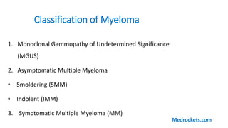 Classification of Myeloma
1. Monoclonal Gammopathy of Undetermined Significance
(MGUS)
2. Asymptomatic Multiple Myeloma
• Smoldering (SMM)
• Indolent (IMM)
3. Symptomatic Multiple Myeloma (MM)
Medrockets.com
 