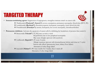 TARGETED THERAPY
27
• Immuno-modulating agents: Suppression of angiogenesis, strengthen immune attack on cancer cells
v Thalidomide (Thalomid®, Synovir®): severe constipation, permanent neuropathy, blood clots (DVT, PE)
v Lenalidomide (Revlimid®): thrombocytopenia, leukopenia, neuropathy, lower blood clot risk
v Pomalidomide (Pomalyst®): anemia, leukopenia, less severe neuropathy, thromboembolism
• Proteasome inhibitors: Activates the apoptosis of cancer cells by inhibiting the breakdown of proteins that control it
v Bortezomib (Velcade®): IV/SQ once or twice a week
SQ preferred, due to less peripheral neuropathy
May cause shingles (prevent with acyclovir)
v Carfilzomib (Kyprolis®): IV every 4 weeks
Allergic reactions (prevent with dexamethasone before each dose in 1st cycle)
Serious side effects (pneumonia, heart, kidney/liver failure)
Alternative if other drugs failed
v Ixazomib (Ninlaro®): PO once weekly for 3 weeks, then 1 week off
Alternative if other drugs failed
 
